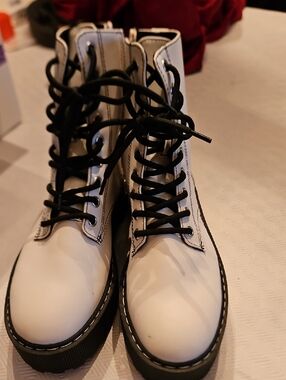 Divided White Lace-Up Platform Combat Boots with Black Laces